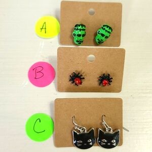 Halloween earrings -stud or dangle - NWT Frankenstein, spider, Black cat, Pick 1